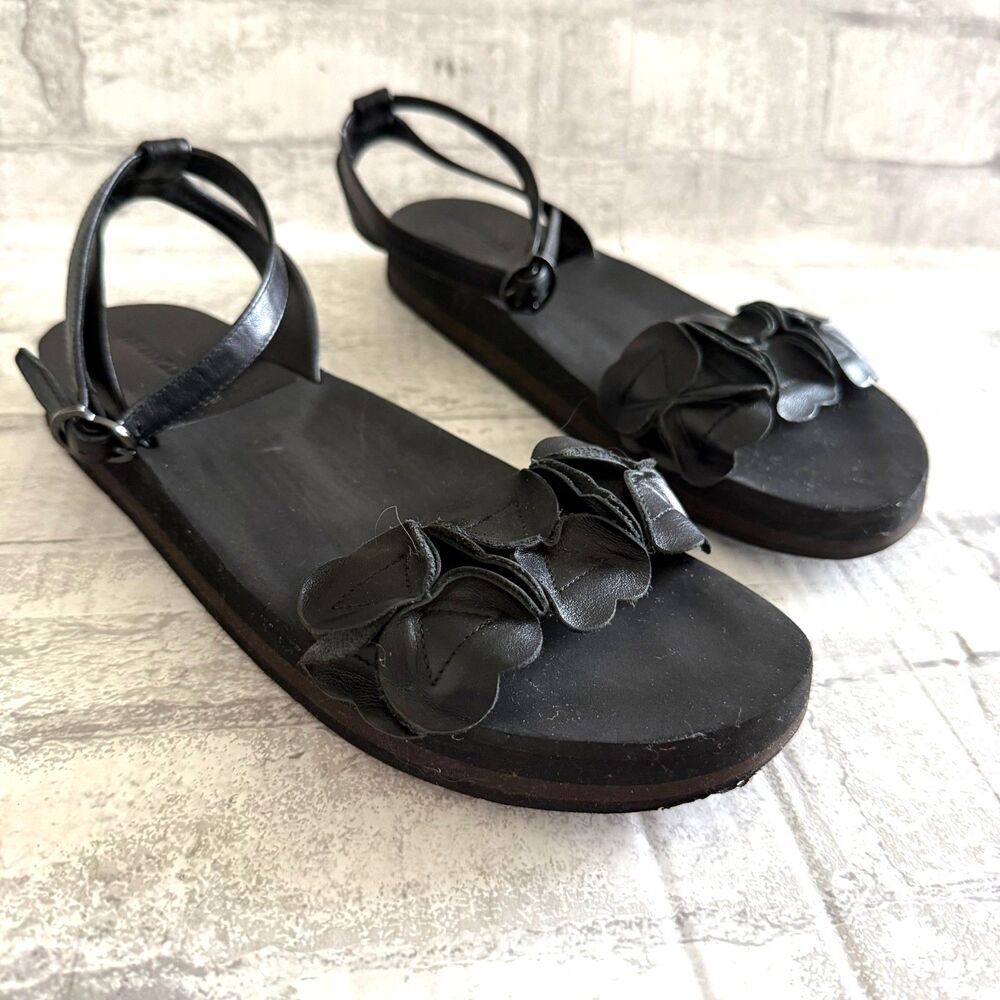 Moncler Black Leather Flower Ornament Ankle Strap Flat Summer Sandals Sz 37